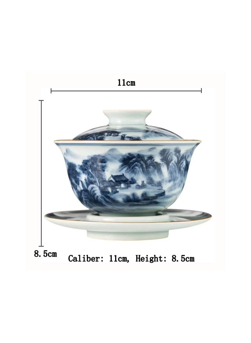1-Set Chinese Old Porcelain Blue and White Bowl Tea Set,Chinese Tea Bowl with Cover Tray and Cups,Chinese Traditional Handicraft Ceramic Tea Set - Image 5