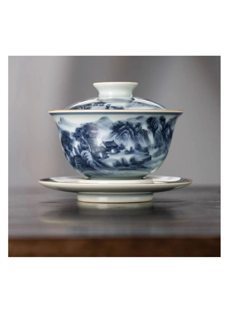 1-Set Chinese Old Porcelain Blue and White Bowl Tea Set,Chinese Tea Bowl with Cover Tray and Cups,Chinese Traditional Handicraft Ceramic Tea Set - Image 3