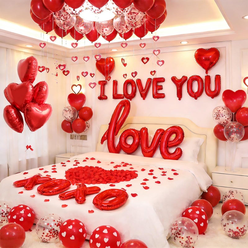 DECGOL 1100PCS Valentine's Day Balloons Kit with XOXO, Red Heart and I Love You Balloons,1000 Silk Rose Petals, 50 Heart Hangers for Valentines Decorations Anniversary, Proposal, Romantic Wedding Party - Image 1
