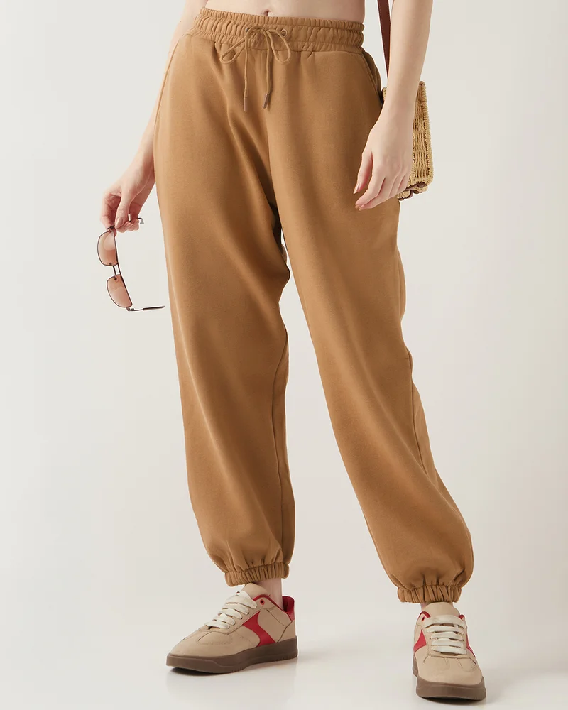 bewakoof Women's Camel Brown Super Loose Fit Joggers