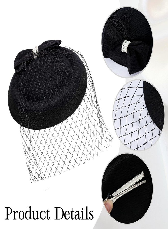 Fumwase 20s 50s Fascinators Hats Pillbox Mesh Net Veil Party Hat Vintage Mini Tea Party Headwear with Veil for Women Ladies (US, Alpha, One Size, Black) - Image 3