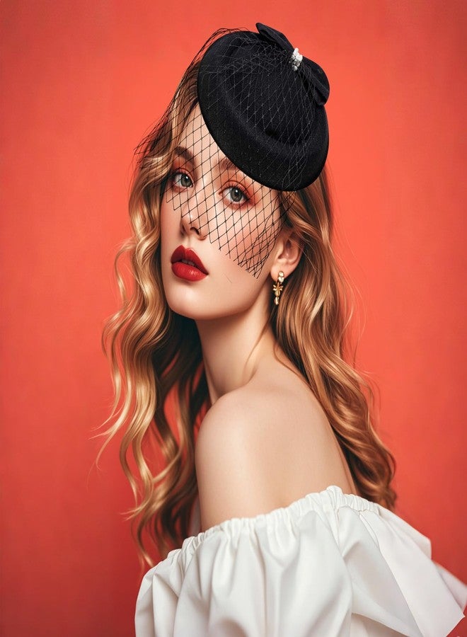 Fumwase 20s 50s Fascinators Hats Pillbox Mesh Net Veil Party Hat Vintage Mini Tea Party Headwear with Veil for Women Ladies (US, Alpha, One Size, Black) - Image 5