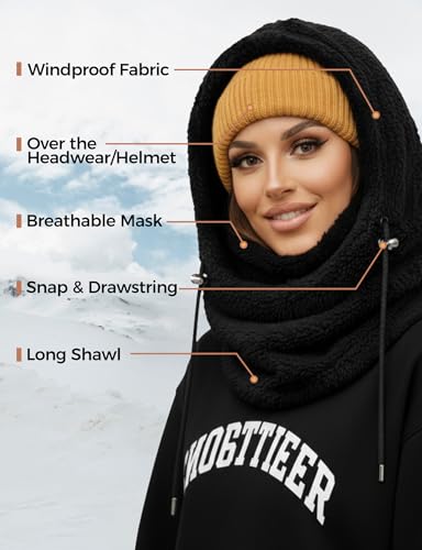 AURUZA Balaclava Winter Ski Mask for Women, Fleece Face Mask Men Wind-Restraint Hat Neck Windproof Hooded Scarf Cold Weather Warm Face Cover (Black One Size) - Image 3