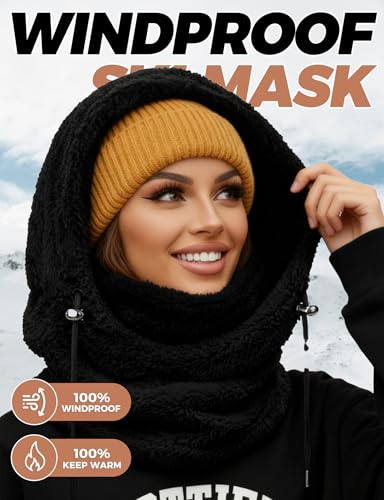 AURUZA Balaclava Winter Ski Mask for Women, Fleece Face Mask Men Wind-Restraint Hat Neck Windproof Hooded Scarf Cold Weather Warm Face Cover (Black One Size) - Image 2