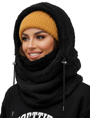 AURUZA Balaclava Winter Ski Mask for Women, Fleece Face Mask Men Wind-Restraint Hat Neck Windproof Hooded Scarf Cold Weather Warm Face Cover (Black One Size) - Image 1
