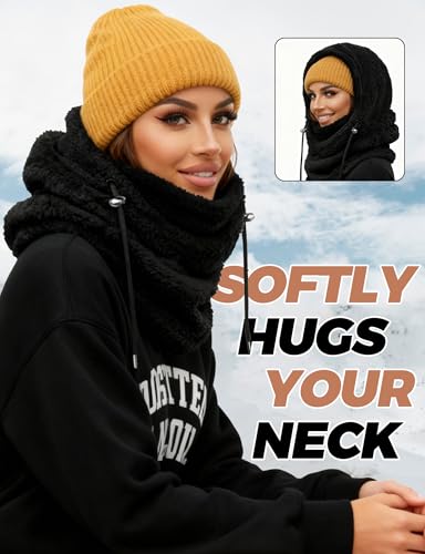 AURUZA Balaclava Winter Ski Mask for Women, Fleece Face Mask Men Wind-Restraint Hat Neck Windproof Hooded Scarf Cold Weather Warm Face Cover (Black One Size) - Image 4