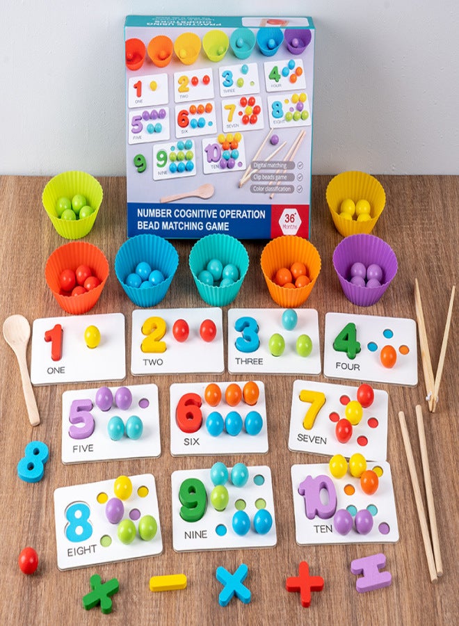 Digital Cognitive Bead Clip Game Kidsren's Early Education Arithmetic Wooden Educational Toys Learning Teaching Aids Gift for Middle and Large Classes(Flying machine box ordinary [plastic clip * 1 56 colored beads 7 cups 1 chopsticks 1 spoon 10 cards]]) - Image 4