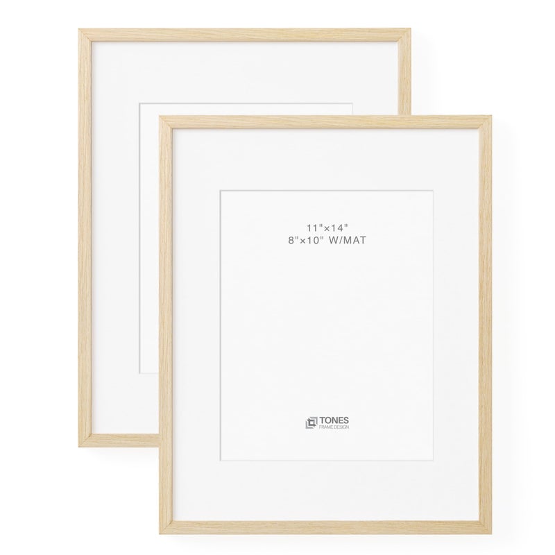 TONES FRAME DESIGN 11x14 Natural Wood Frame with 8x10 Mat  Set of 2 Picture Frames  Solid Wood Venner Finish  and Plexiglass Front for Poster Gallery Wall Home Decor