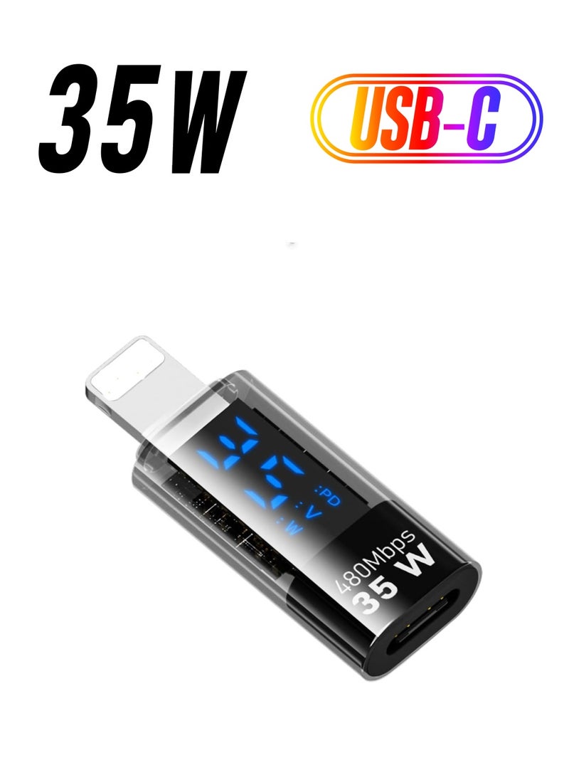 Generic - 35W USB-C Female to Lightning Male Adapter for iPhone/iPad/iPod, Support Voltage and Power Smart LED Display (Transparent Black) - Image 1