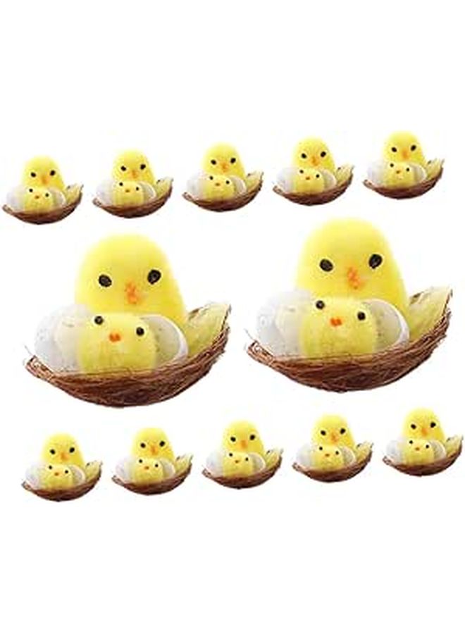12Pcs Mini Fluffy Chicks Easter Decorations With Nest For Home And Party Crafts - Image 1