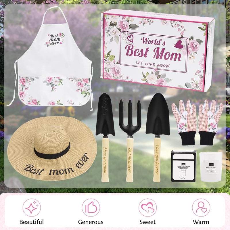 LANNIU Gifts for Mom,7 Piece Womens Gardening Kit with Pink Gardening Tools,Straw Hat, Floral Gardening Apron and Gloves,Mothers Day Garden Gifts Pink - Image 4