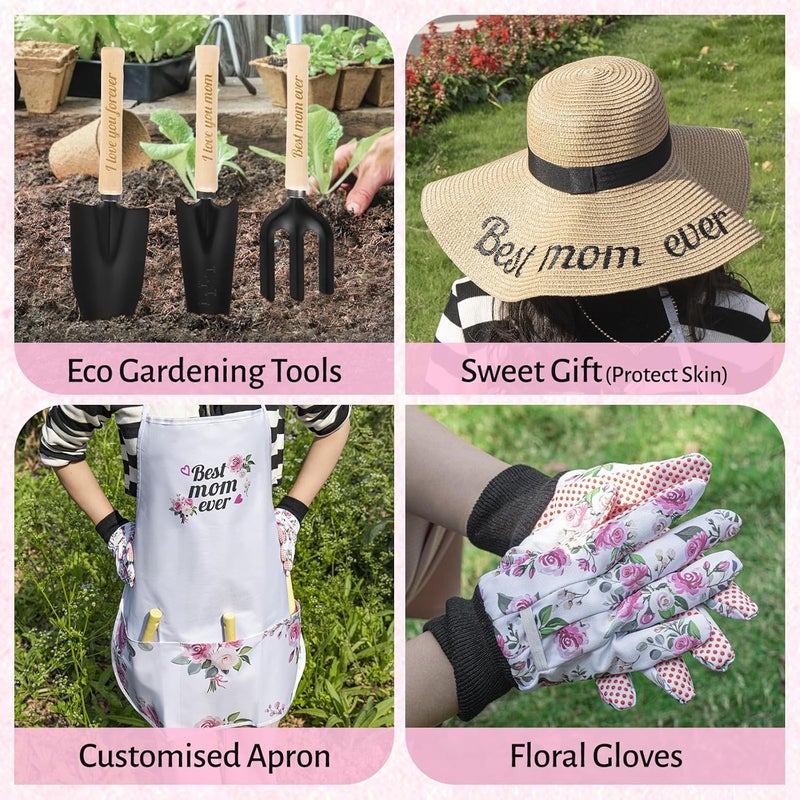 LANNIU Gifts for Mom,7 Piece Womens Gardening Kit with Pink Gardening Tools,Straw Hat, Floral Gardening Apron and Gloves,Mothers Day Garden Gifts Pink - Image 3