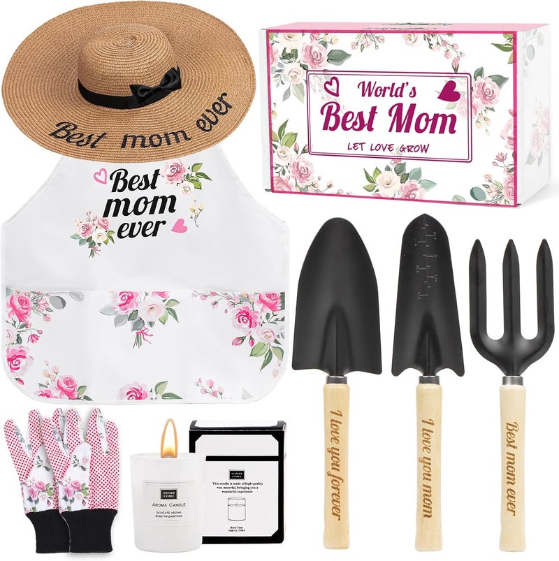 LANNIU Gifts for Mom,7 Piece Womens Gardening Kit with Pink Gardening Tools,Straw Hat, Floral Gardening Apron and Gloves,Mothers Day Garden Gifts Pink - Image 1