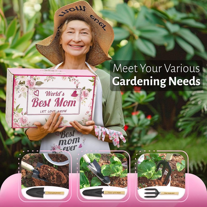 LANNIU Gifts for Mom,7 Piece Womens Gardening Kit with Pink Gardening Tools,Straw Hat, Floral Gardening Apron and Gloves,Mothers Day Garden Gifts Pink - Image 2