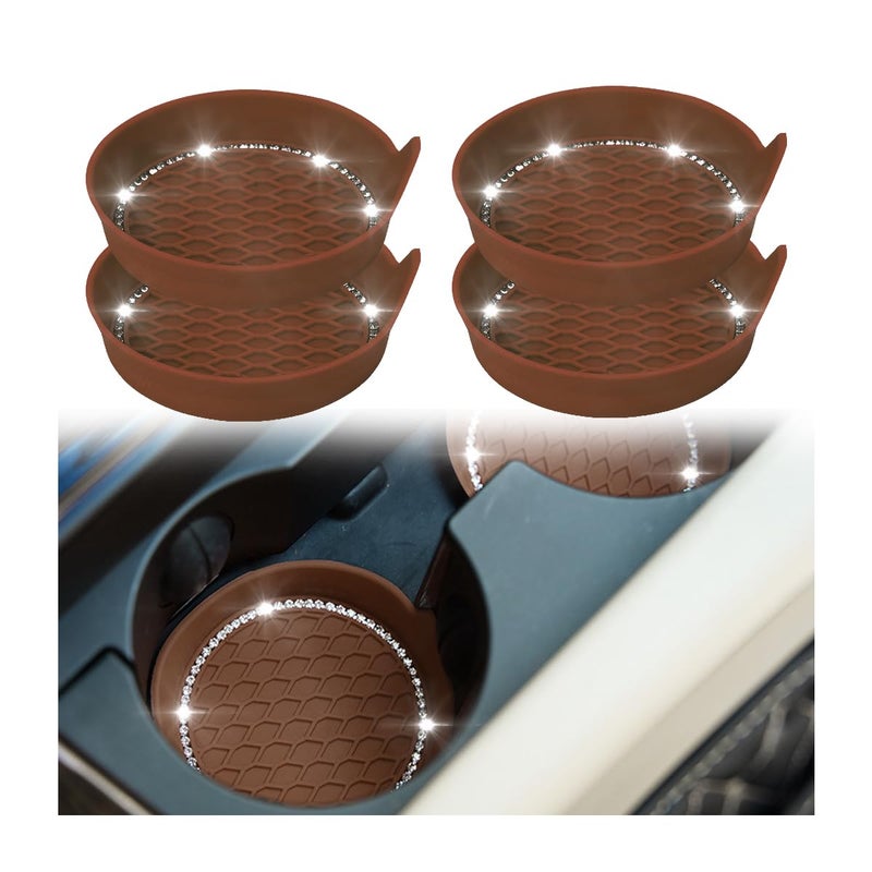 zipelo Bling Car Cup Coaster, 4 Pack Universal Vehicle Anti-Slip Cup Holder Insert Coasters, Crystal Rhinestone Silicone Shockproof Drink Mat, Car Interior Accessories (Coffee) - Image 1