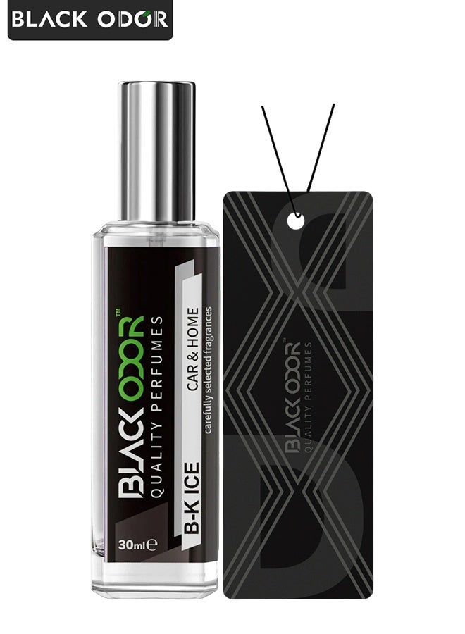 BLACK ODOR B-K ICE Car & Home Perfume Spray 30ml (Model BO-34)  Long Lasting Essential Oil-Based Air Freshener  No Gas, Alcohol-Free, All Weather Performance  With Hanging Tag for Car, Home, Office, Washroom & Gym - Image 1