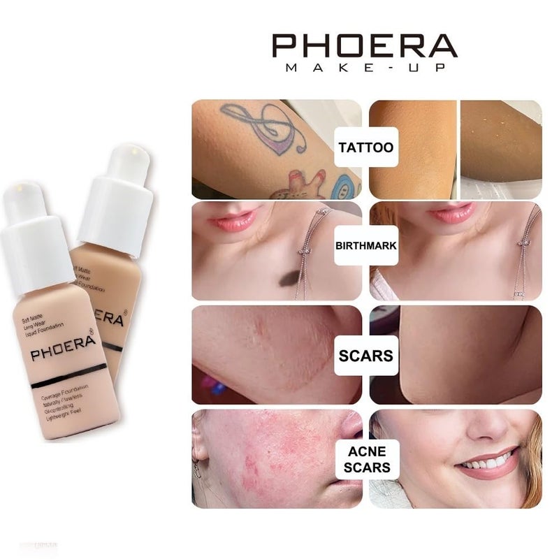 Phoera فوندشين Phoera® تغطية كاملة مات ناعم خافي عيوب 30 مل كريم خالي من العيوب ناعم طويل الأمد (104 بيج باف) - Image 3