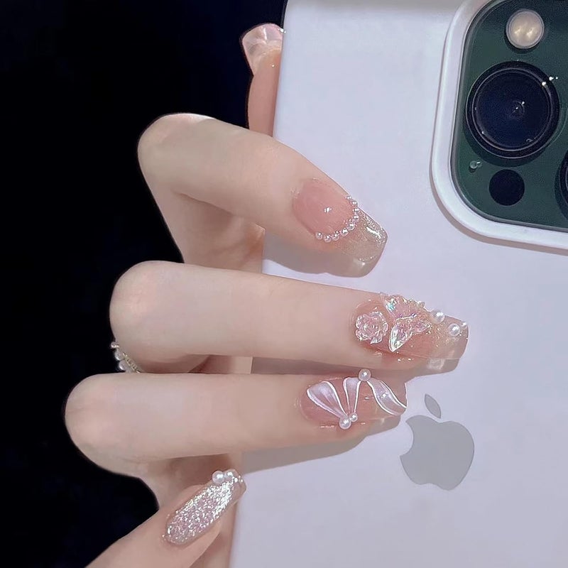 FASHIONHARBOUR Fashionharbour 24 Reusable Artificial Fake Nail SetBase peach Colour with 3D Butterfly Design Glossy Nail Lightweight Long Lasting Easy To Use Quick Fix For Festivals Special Occasions - Image 2
