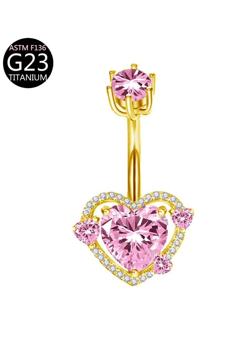 Innoshine Golden Titanium Belly Piercing Love Heart Belly  Button Ring with Pink Zirconia Surgical Steel Belly Piercing Navel Ring  Hypoallergenic  Medical Grade Golden Piercing Jewelry For Fashion Women - Image 1
