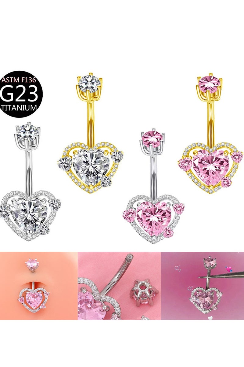 Innoshine Golden Titanium Belly Piercing Love Heart Belly  Button Ring with Pink Zirconia Surgical Steel Belly Piercing Navel Ring  Hypoallergenic  Medical Grade Golden Piercing Jewelry For Fashion Women - Image 3