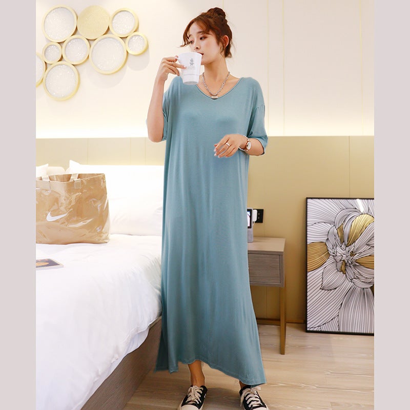 Modal V-Neck Long Loose Nightgown with Bra - Image 4