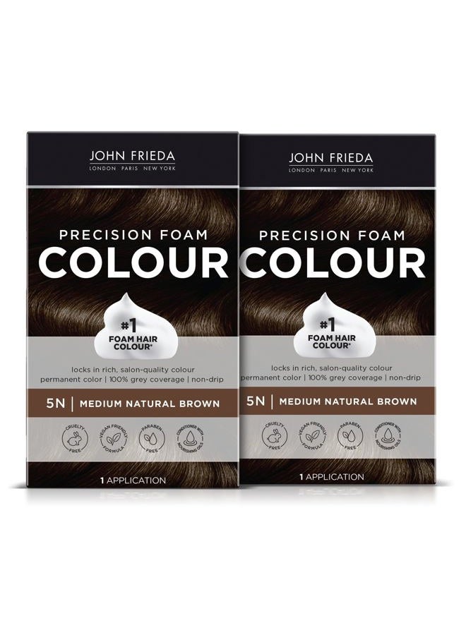 John Frieda Precision Foam Colour, Medium Natural Brown 5N, Full-coverage Hair Color Kit, Anti-Fade Gray Coverage, Deep Color Saturation Hair Dye, Pack of 2 - Image 1