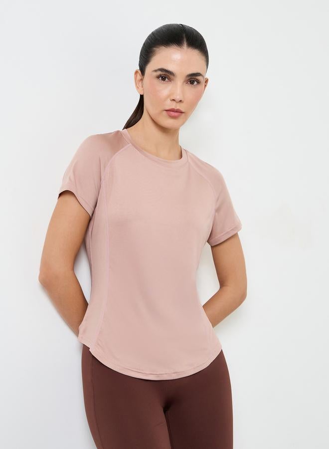 Styli Active Pink Logo Lasercut Detail Curved Hem Short Sleeve Top - Image 1