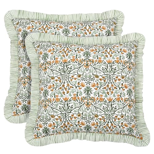 Ridhi Block Print Goldenrod Yellow Throw Pillow Cover 24 x 24 Pack of 2 Decorative Cushion Covers with Ruffle for Couch Sofa Bed Living Room Home Decor Gift for Spring Easter Valentine - Image 1