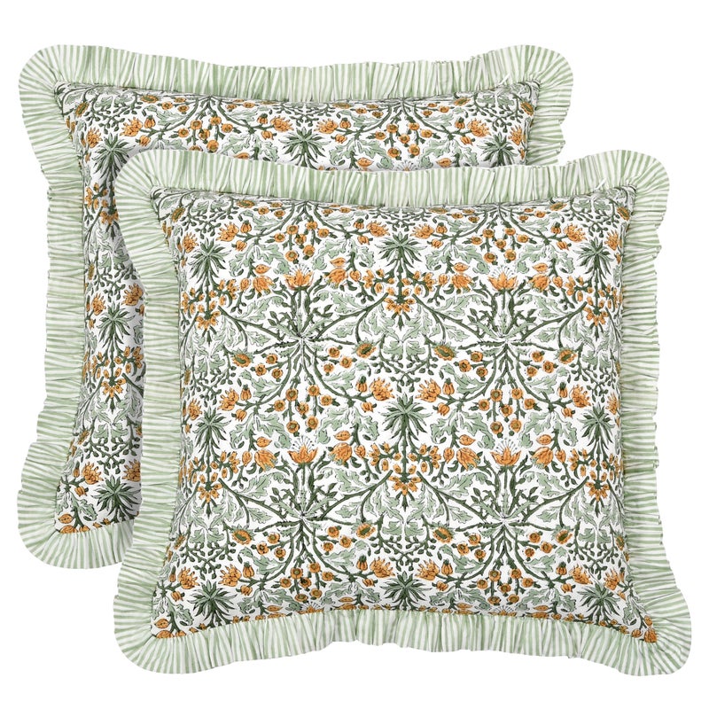 Ridhi Block Print Goldenrod Yellow Throw Pillow Cover 24 x 24 Pack of 2 Decorative Cushion Covers with Ruffle for Couch Sofa Bed Living Room Home Decor Gift for Spring Easter Valentine - Image 2
