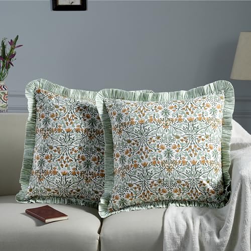 Ridhi Block Print Goldenrod Yellow Throw Pillow Cover 24 x 24 Pack of 2 Decorative Cushion Covers with Ruffle for Couch Sofa Bed Living Room Home Decor Gift for Spring Easter Valentine - Image 3