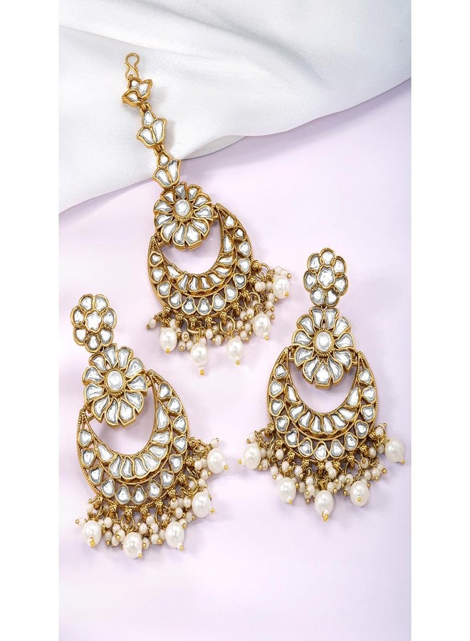 Peora Gold Plated White Kundan & Beads Studded Chandbali Earrings Maangtikka Jewellery Gift for Women & Girls - Image 2