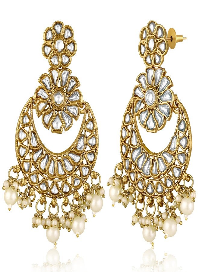 Peora Gold Plated White Kundan & Beads Studded Chandbali Earrings Maangtikka Jewellery Gift for Women & Girls - Image 4