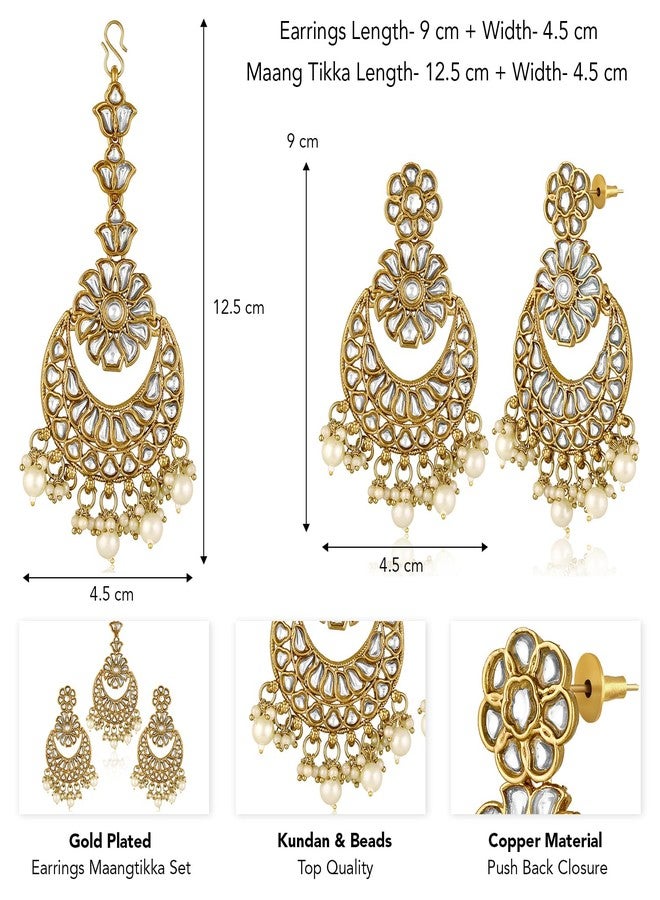 Peora Gold Plated White Kundan & Beads Studded Chandbali Earrings Maangtikka Jewellery Gift for Women & Girls - Image 3