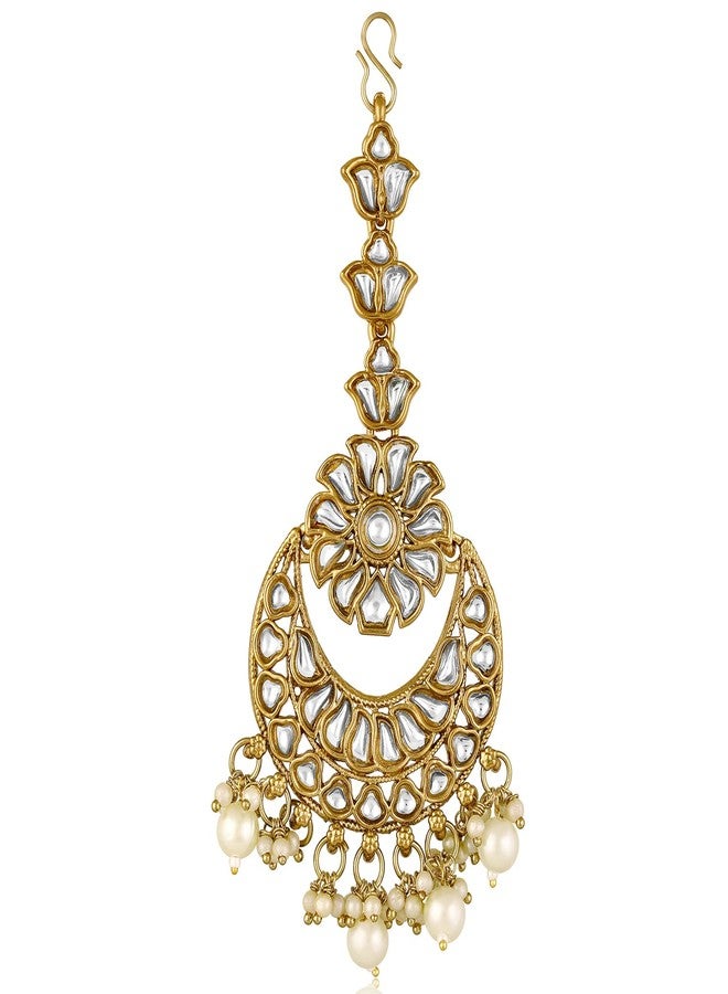Peora Gold Plated White Kundan & Beads Studded Chandbali Earrings Maangtikka Jewellery Gift for Women & Girls - Image 5