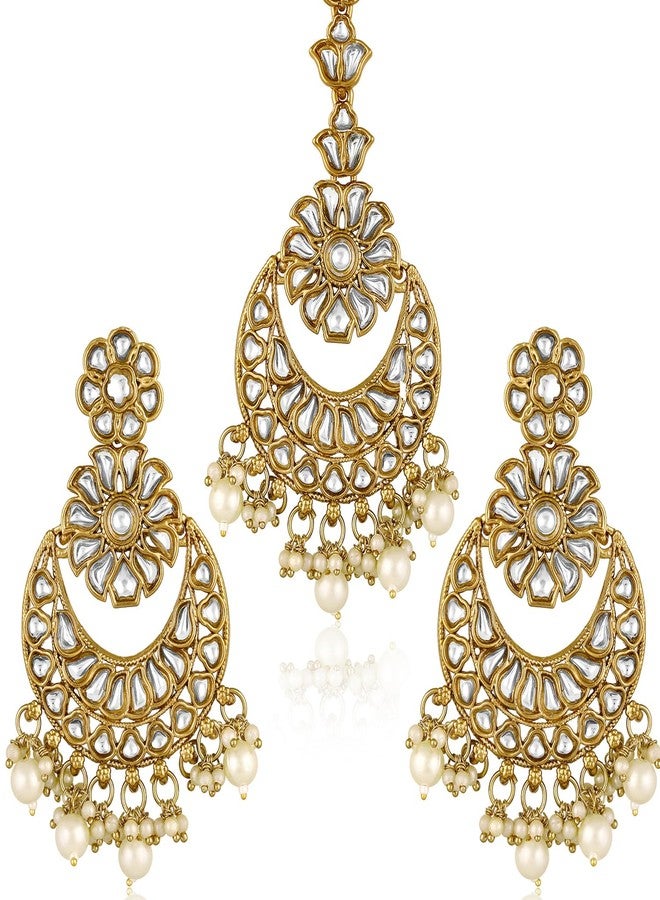 Peora Gold Plated White Kundan & Beads Studded Chandbali Earrings Maangtikka Jewellery Gift for Women & Girls - Image 1