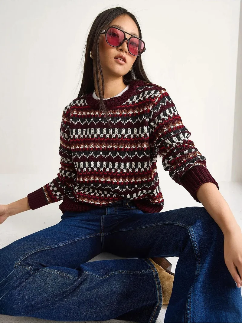 Bianco Lucci LUCCI Ethnic Patterned Knit Sweater
