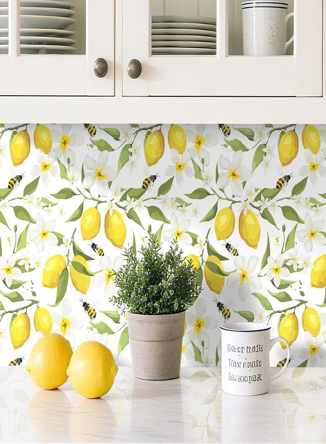 LACHEERY 17.5"x275" Yellow Lemon Wallpaper Prepasted Bee Lemon Peel and Stick Wallpaper Floral Wall Paper White Flower Contact Paper for Cabinets and Drawers Walls Shelves Kids Bathroom Waterproof - Image 2