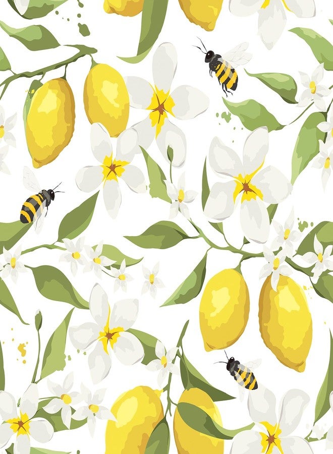 LACHEERY 17.5"x275" Yellow Lemon Wallpaper Prepasted Bee Lemon Peel and Stick Wallpaper Floral Wall Paper White Flower Contact Paper for Cabinets and Drawers Walls Shelves Kids Bathroom Waterproof - Image 1