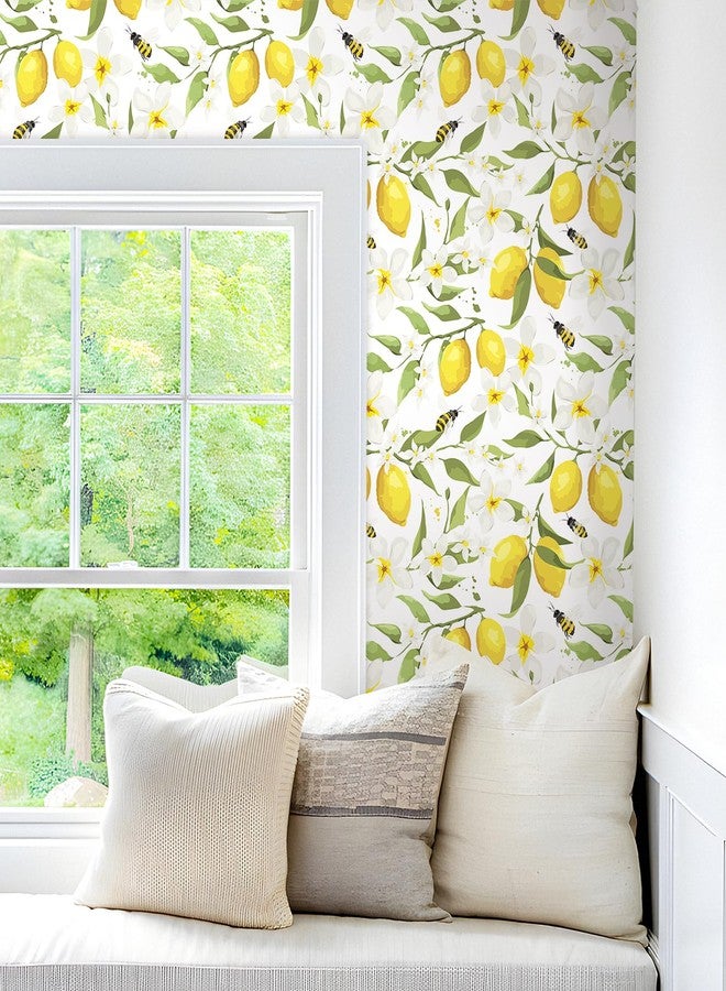 LACHEERY 17.5"x275" Yellow Lemon Wallpaper Prepasted Bee Lemon Peel and Stick Wallpaper Floral Wall Paper White Flower Contact Paper for Cabinets and Drawers Walls Shelves Kids Bathroom Waterproof - Image 3