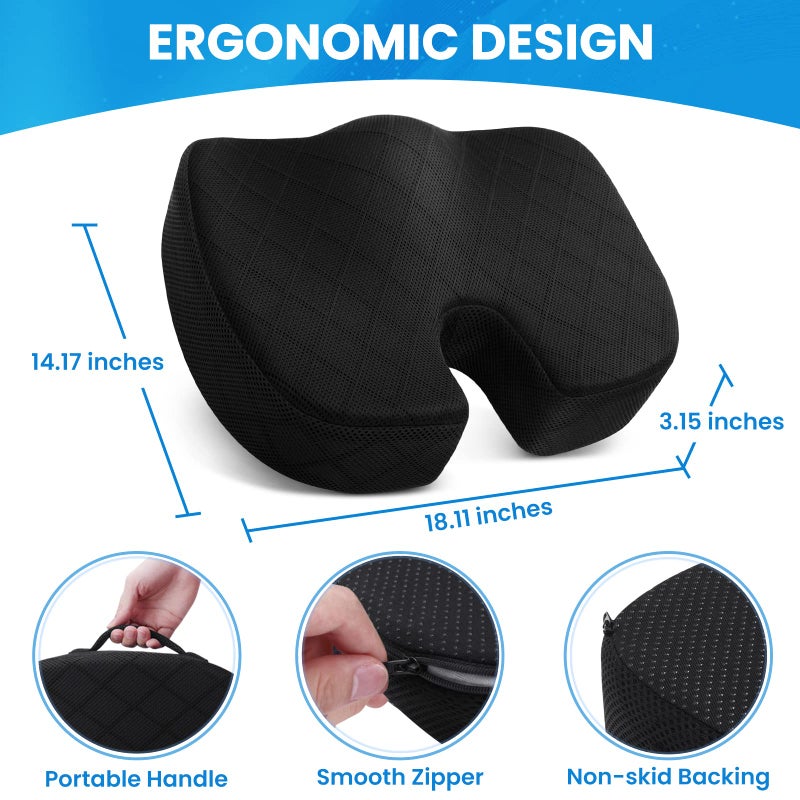 Tushguard Office/ Car Seat Cushion  Non-Slip Sciatica & Back Coccyx Tailbone Pain Relief Chair Pad  Memory Foam Butt Pillow For Computer Desk  Wheelchair  Driving (Black) - Image 2