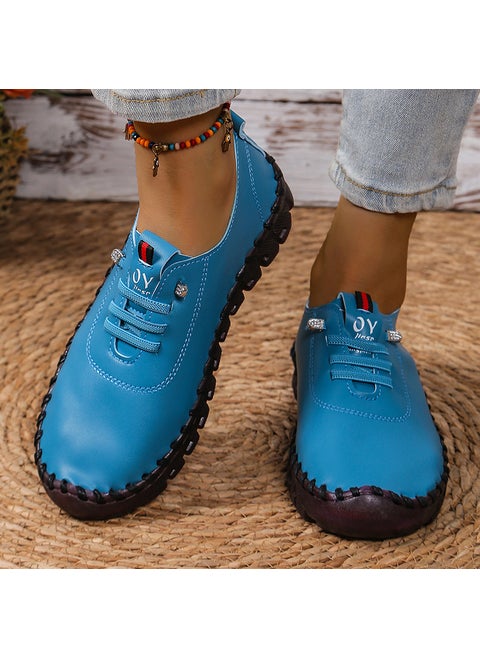 2024 New Womens Soft Bottom Soft Leather Casual Shoes Plus Size 36-45 White Color Cross-Border E-commerce Zapatos Mujer Blue
