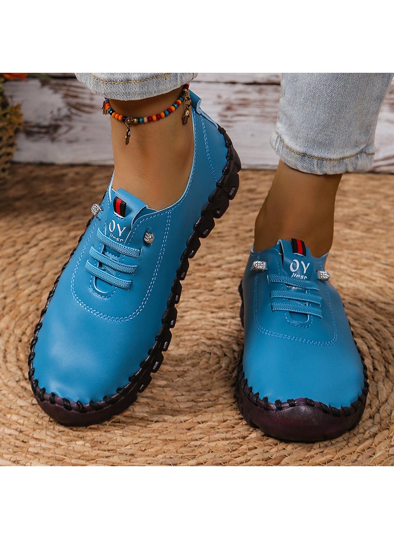 2024 New Womens Soft Bottom Soft Leather Casual Shoes Plus Size 36-45 White Color Cross-Border E-commerce Zapatos Mujer Blue