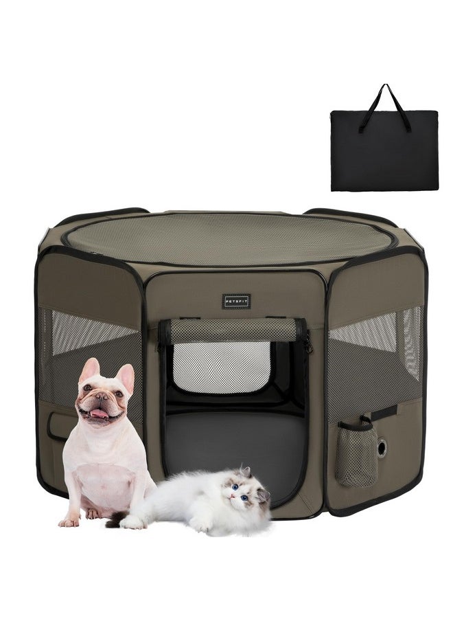 Petsfit Puppy Playpen, 29.5" Dia Sturdy Foldable Cat Playpen For Small Pets Indoor/Outdoor, Portable Pet Playpen With Carring Case, Removable Mesh Zipper Top And Waterproof Playpen Mat Army Green S  - Image 1