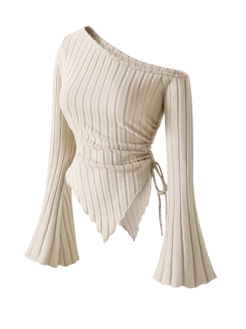 Women's Elegant Off - Shoulder Bell Sleeve T - Shirt - Asymmetrical Ribbed Top with Exposed Shoulder Design, Lightweight 3 - Season Machine - Washable Solid Color Blouse for Casual &... - Image 1