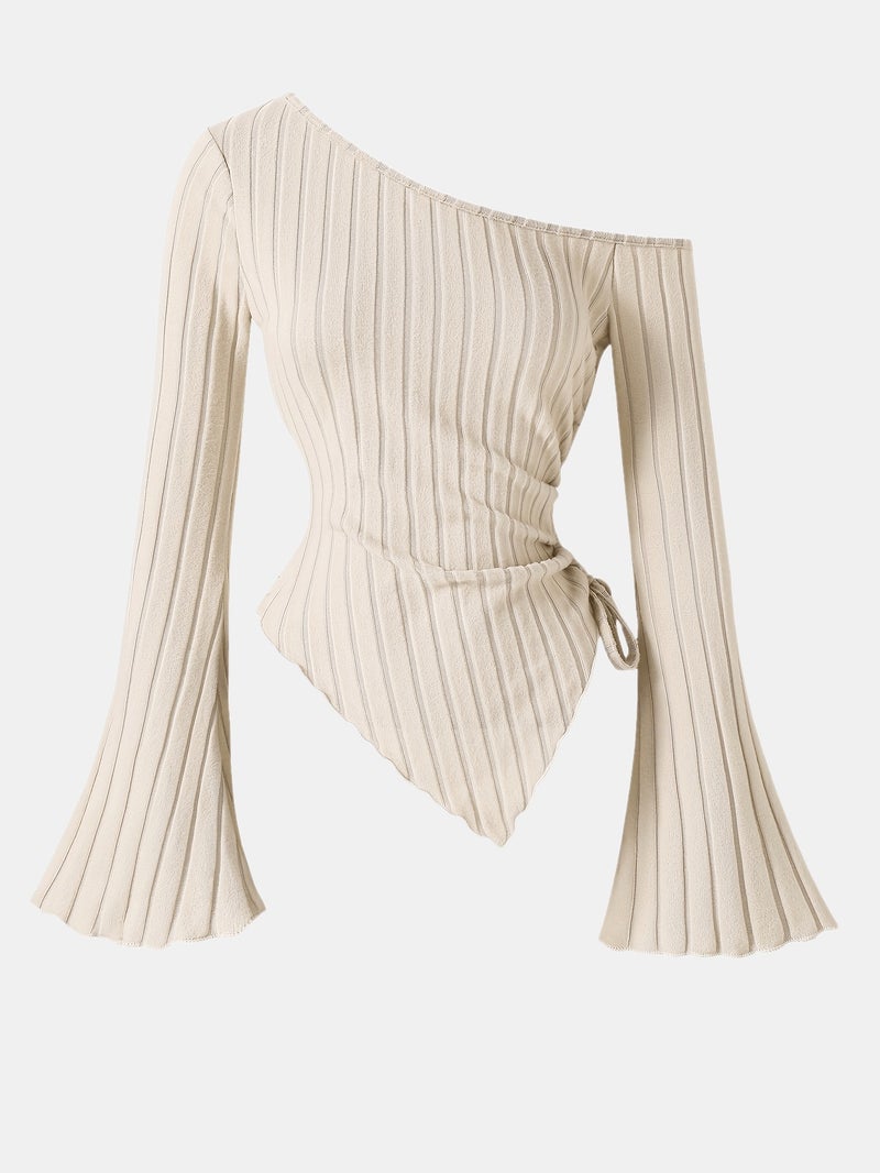 Women's Elegant Off - Shoulder Bell Sleeve T - Shirt - Asymmetrical Ribbed Top with Exposed Shoulder Design, Lightweight 3 - Season Machine - Washable Solid Color Blouse for Casual &... - Image 3