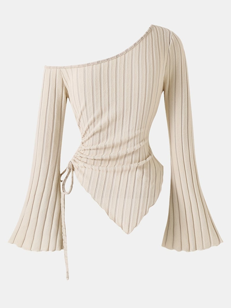 Women's Elegant Off - Shoulder Bell Sleeve T - Shirt - Asymmetrical Ribbed Top with Exposed Shoulder Design, Lightweight 3 - Season Machine - Washable Solid Color Blouse for Casual &... - Image 2
