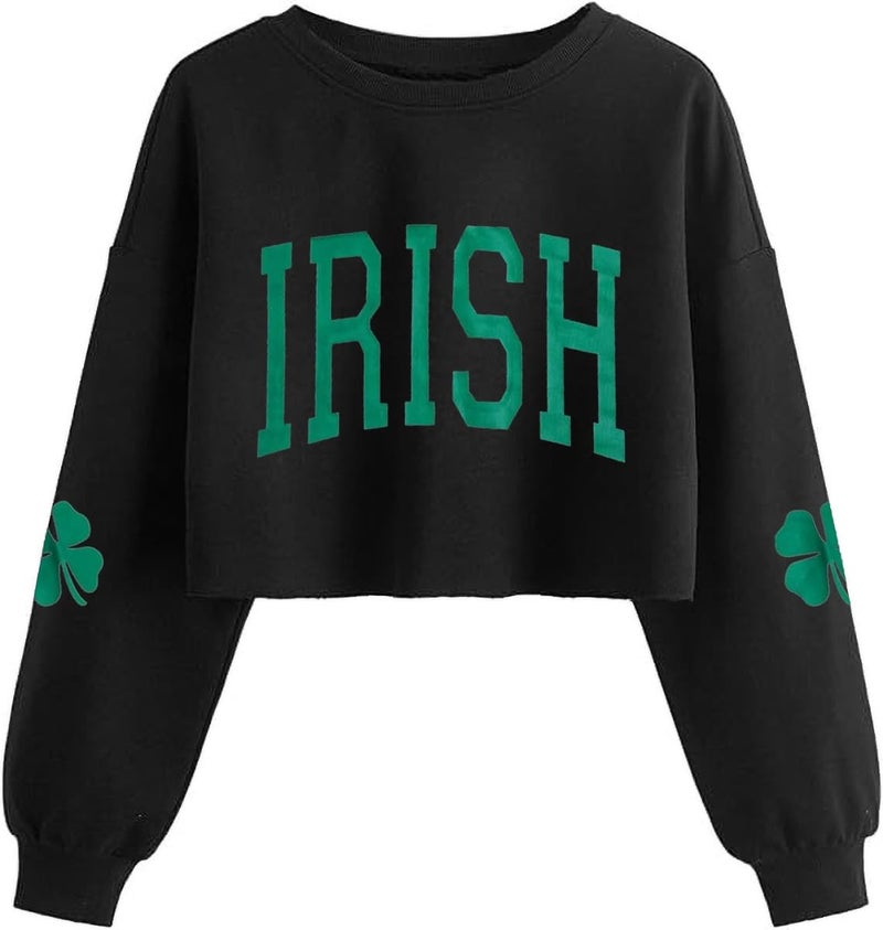 Jliqt Women St. Patrick's Day Crop Sweatshirts Green Irish Shamrock Graphic Sweatshirts Casual Long Sleeve Clover Graphic Printted Tops(S,Black 4) - Image 1