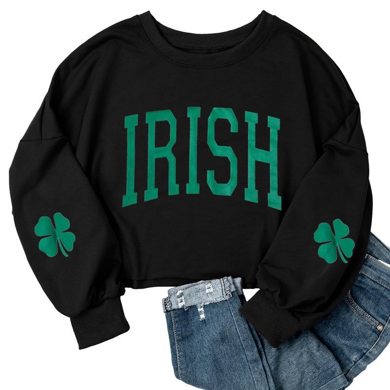 Jliqt Women St. Patrick's Day Crop Sweatshirts Green Irish Shamrock Graphic Sweatshirts Casual Long Sleeve Clover Graphic Printted Tops(S,Black 4) - Image 4