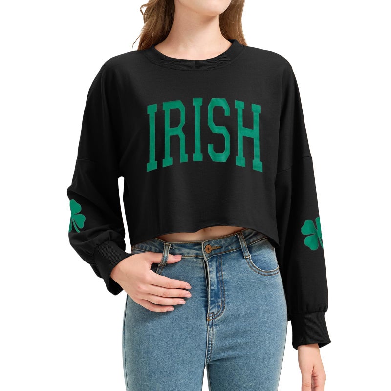 Jliqt Women St. Patrick's Day Crop Sweatshirts Green Irish Shamrock Graphic Sweatshirts Casual Long Sleeve Clover Graphic Printted Tops(S,Black 4) - Image 2
