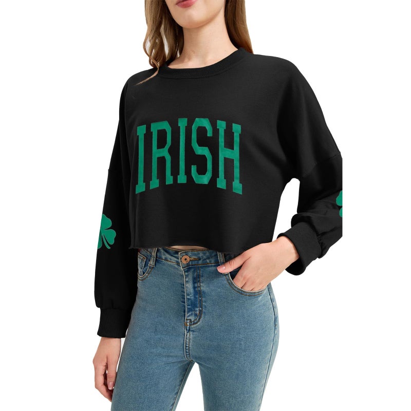 Jliqt Women St. Patrick's Day Crop Sweatshirts Green Irish Shamrock Graphic Sweatshirts Casual Long Sleeve Clover Graphic Printted Tops(S,Black 4) - Image 3